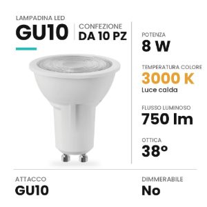 Lampadina gu10 led 8w spot 3000k fascio 38° bianca confezione 10 pezzi