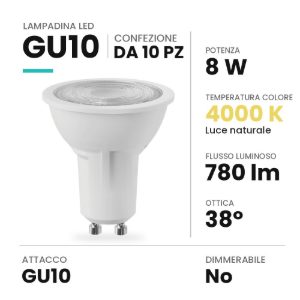 Lampadina gu10 led 8w spot 4000k fascio 38° bianca confezione 10 pezzi