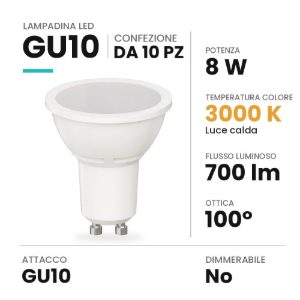Lampadina gu10 led 8w spot 3000k fascio 100° bianca confezione 10 pezzi