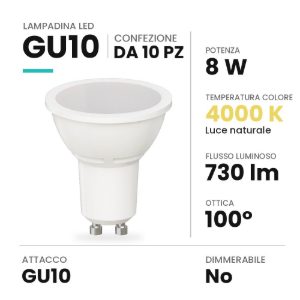 Lampadina gu10 led 8w spot 4000k fascio 100° bianca confezione 10 pezzi