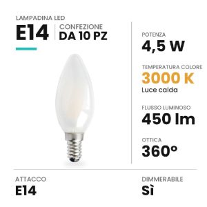 Lampadina e14 led 4,5w a candela opale 3000k dimmerabile bianca confezione 10 pezzi
