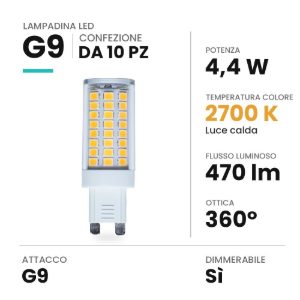Lampadina g9 led 4,4w a capsula 2700k dimmerabile bianca confezione 10 pezzi