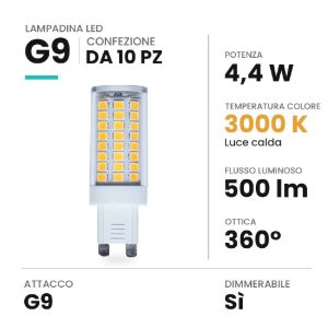 Lampadina g9 led 4,4w a capsula 3000k dimmerabile bianca confezione 10 pezzi