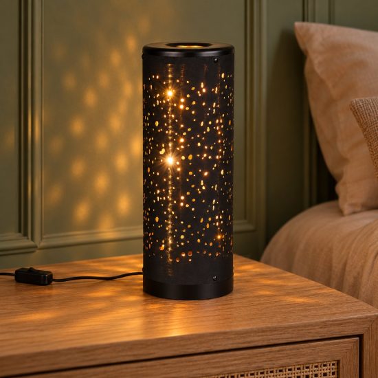 Abat-jour led 4w 3000k per comodino nero oro con paralume in tessuto traforato
