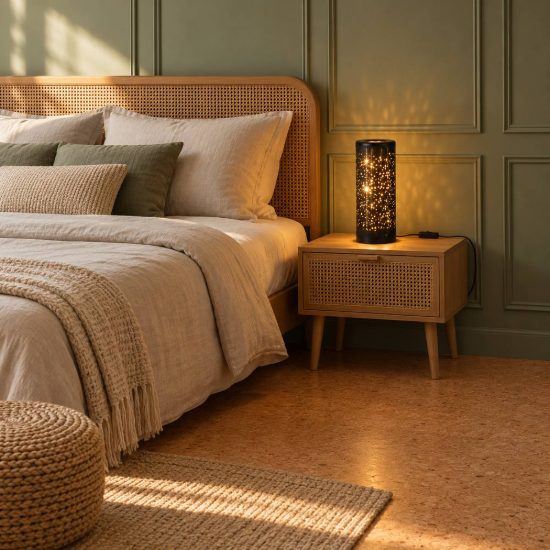 Abat-jour led 4w 3000k per comodino nero oro con paralume in tessuto traforato