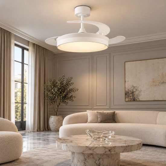Ventilatore da soffitto led 30w cct 2700k 6500k con telecomando pale a scomparsa bianco per max 20mq