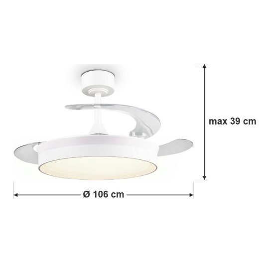Ventilatore da soffitto led 30w cct 2700k 6500k con telecomando pale a scomparsa bianco per max 20mq