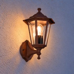Applique piccola da esterno ip44 a lanterna esagonale su braccio ruggine con vetro trasparente