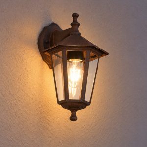 Applique piccola da esterno ip44 a lanterna esagonale pendente ruggine con vetro trasparente