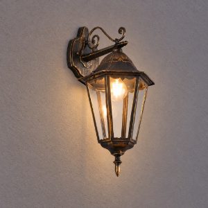 Applique grande da esterno ip44 a lanterna esagonale pendente ruggine con vetro trasparente
