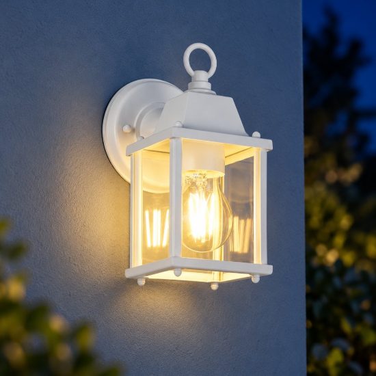 Applique da esterno coperto ip23 moderna bianca con vetro trasparente