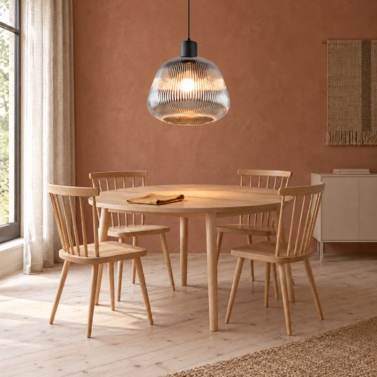 Lampadario a sospensione per sala da pranzo moderno nero con vetro rigato cromato