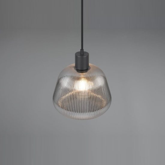 Lampadario a sospensione per sala da pranzo moderno nero con vetro rigato cromato