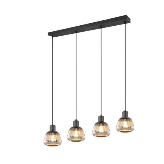 Lampadario a sospensione 4 luci per sala da pranzo moderno lineare nero con vetri rigati cromati