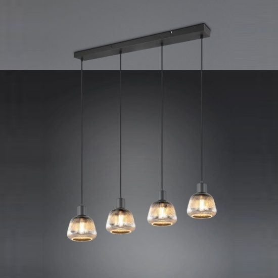 Lampadario a sospensione 4 luci per sala da pranzo moderno lineare nero con vetri rigati cromati
