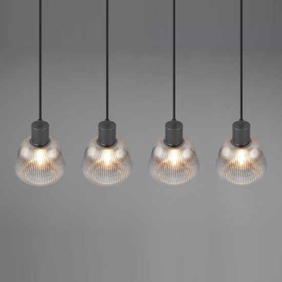 Lampadario a sospensione 4 luci per sala da pranzo moderno lineare nero con vetri rigati cromati