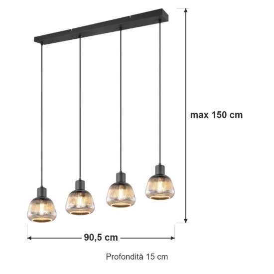 Lampadario a sospensione 4 luci per sala da pranzo moderno lineare nero con vetri rigati cromati