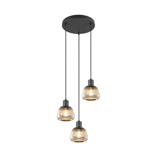 Lampadario a sospensione 3 luci per sala da pranzo moderno nero con vetri rigati cromati