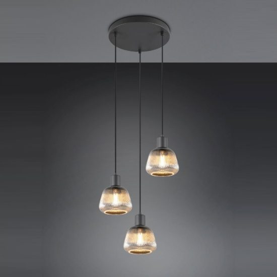 Lampadario a sospensione 3 luci per sala da pranzo moderno nero con vetri rigati cromati