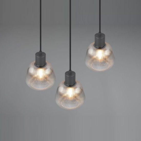 Lampadario a sospensione 3 luci per sala da pranzo moderno nero con vetri rigati cromati