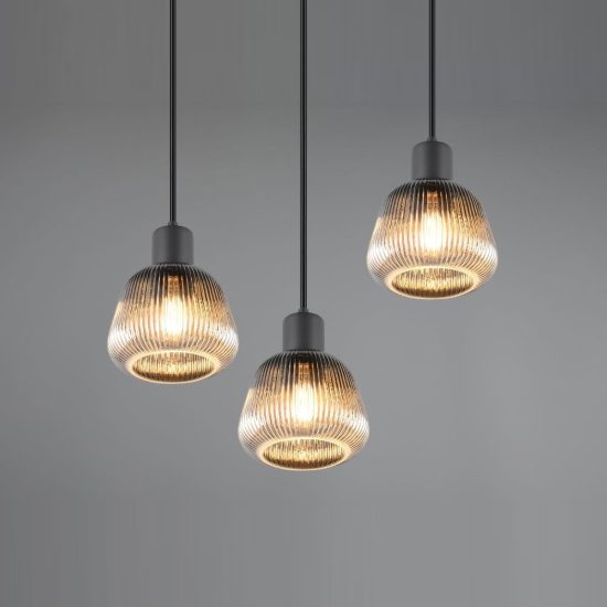 Lampadario a sospensione 3 luci per sala da pranzo moderno nero con vetri rigati cromati