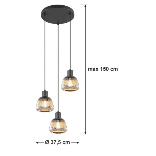 Lampadario a sospensione 3 luci per sala da pranzo moderno nero con vetri rigati cromati