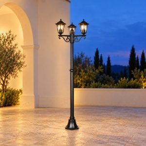 Lampione da giardino 3 luci ip44 a lanterna esagonale nero con vetro trasparente