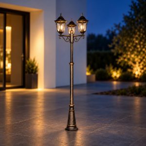 Lampione da giardino 3 luci grande ip44 a lanterna esagonale ruggine con vetro trasparente