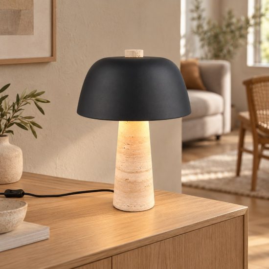 Lampada da tavolo 2 luci per soggiorno a fungo con base in travertino paralume nero