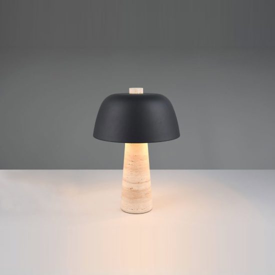 Lampada da tavolo 2 luci per soggiorno a fungo con base in travertino paralume nero