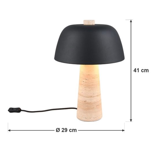 Lampada da tavolo 2 luci per soggiorno a fungo con base in travertino paralume nero