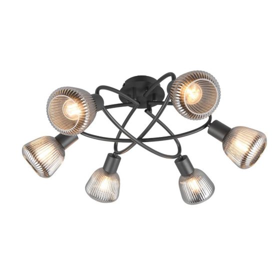 Plafoniera 6 luci per soggiorno moderna nera con vetri rigati cromati