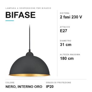 Lampada a sospensione per binario bifase e27 31cm regolabile in altezza nera con interno oro