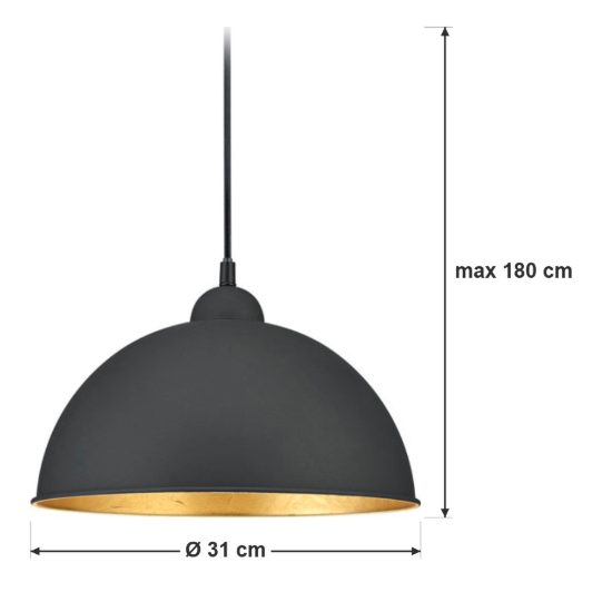 Lampada a sospensione per binario bifase e27 31cm regolabile in altezza nera con interno oro
