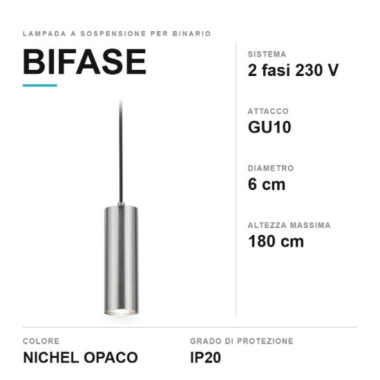 Lampada a sospensione per binario bifase gu10 6cm regolabile in altezza nichel opaco