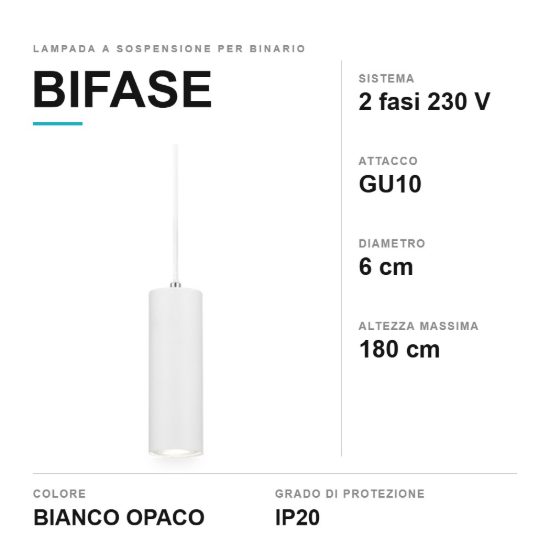 Lampada a sospensione per binario bifase gu10 6cm regolabile in altezza bianca
