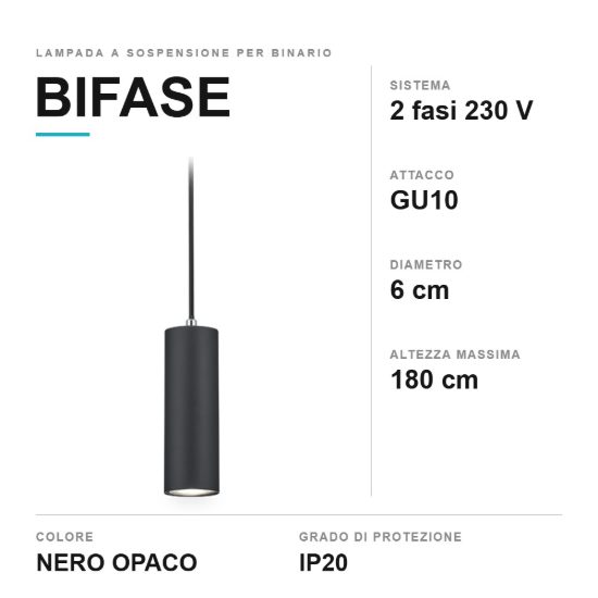Lampada a sospensione per binario bifase gu10 6cm regolabile in altezza nera