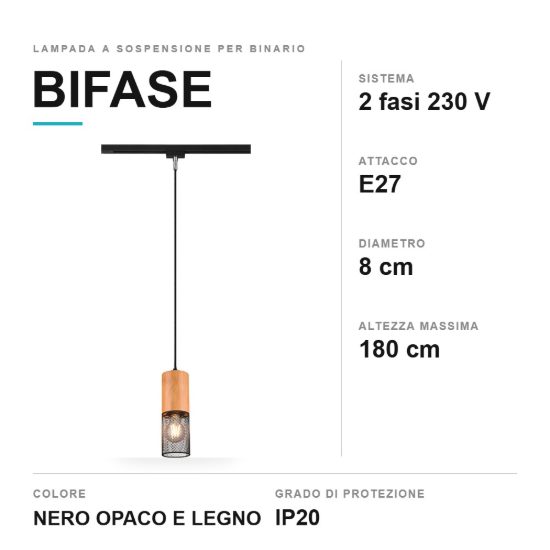Lampada a sospensione per binario bifase e27 8cm regolabile in altezza nera con legno