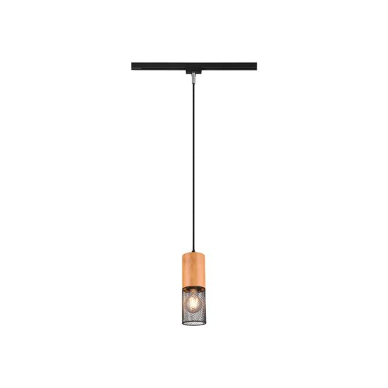 Lampada a sospensione per binario bifase e27 8cm regolabile in altezza nera con legno