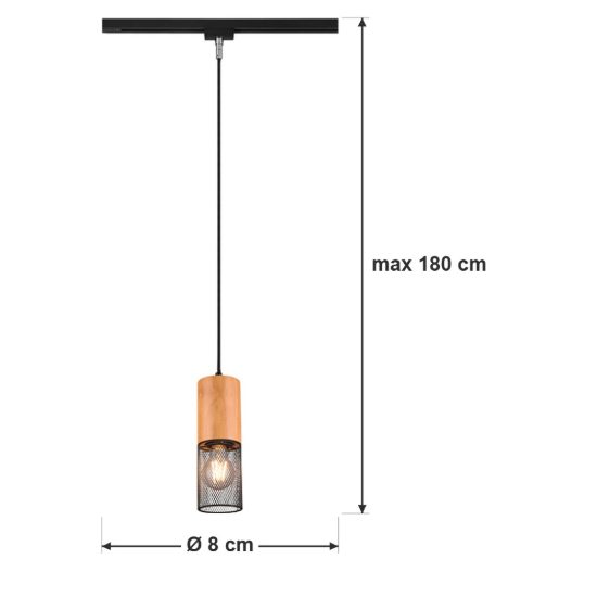 Lampada a sospensione per binario bifase e27 8cm regolabile in altezza nera con legno