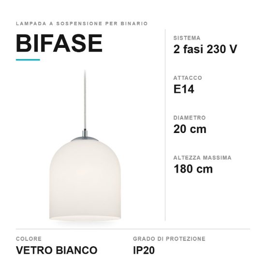 Lampada a sospensione per binario bifase e14 20cm in vetro bianco