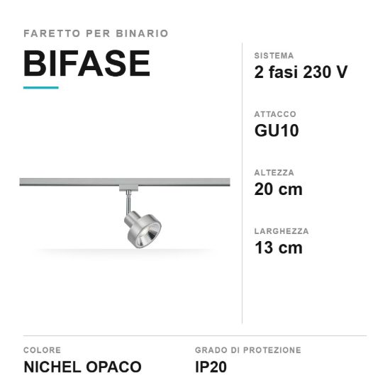 Faretto per binario bifase gu10 orientabile alto 20cm nichel opaco