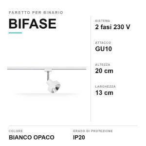 Faretto per binario bifase gu10 orientabile alto 20cm bianco