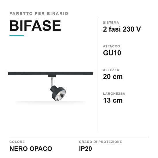 Faretto per binario bifase gu10 orientabile alto 20cm nero