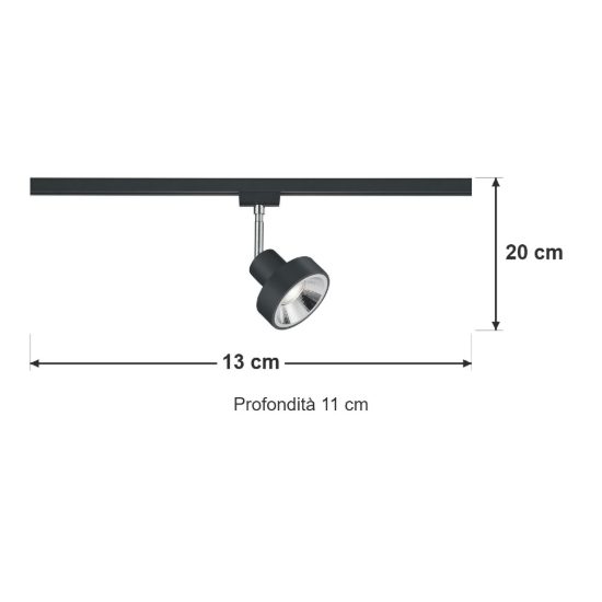 Faretto per binario bifase gu10 orientabile alto 20cm nero
