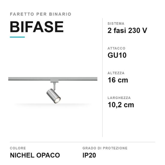 Faretto per binario bifase gu10 orientabile alto 16cm nichel opaco