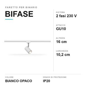 Faretto per binario bifase gu10 orientabile alto 16cm bianco