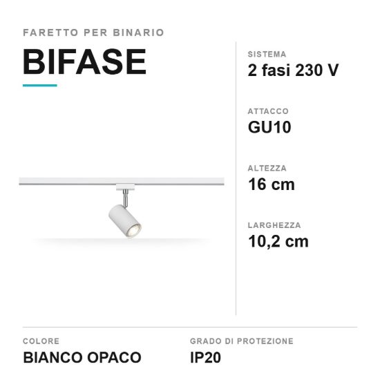 Faretto per binario bifase gu10 orientabile alto 16cm bianco