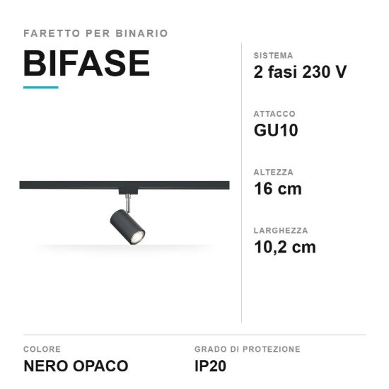 Faretto per binario bifase gu10 orientabile alto 16cm nero