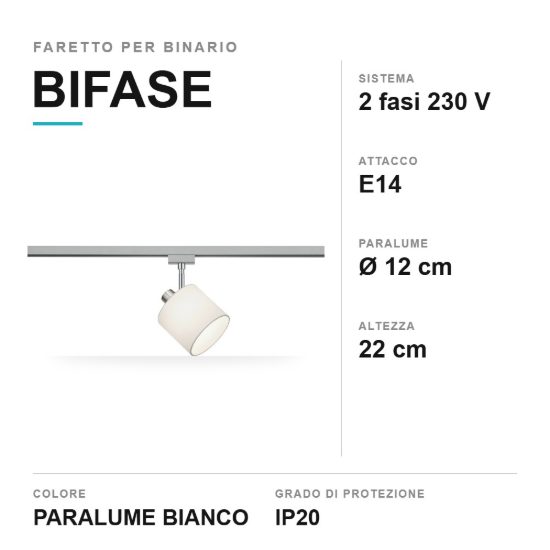 Faretto per binario bifase e14 orientabile con paralume in tessuto bianco